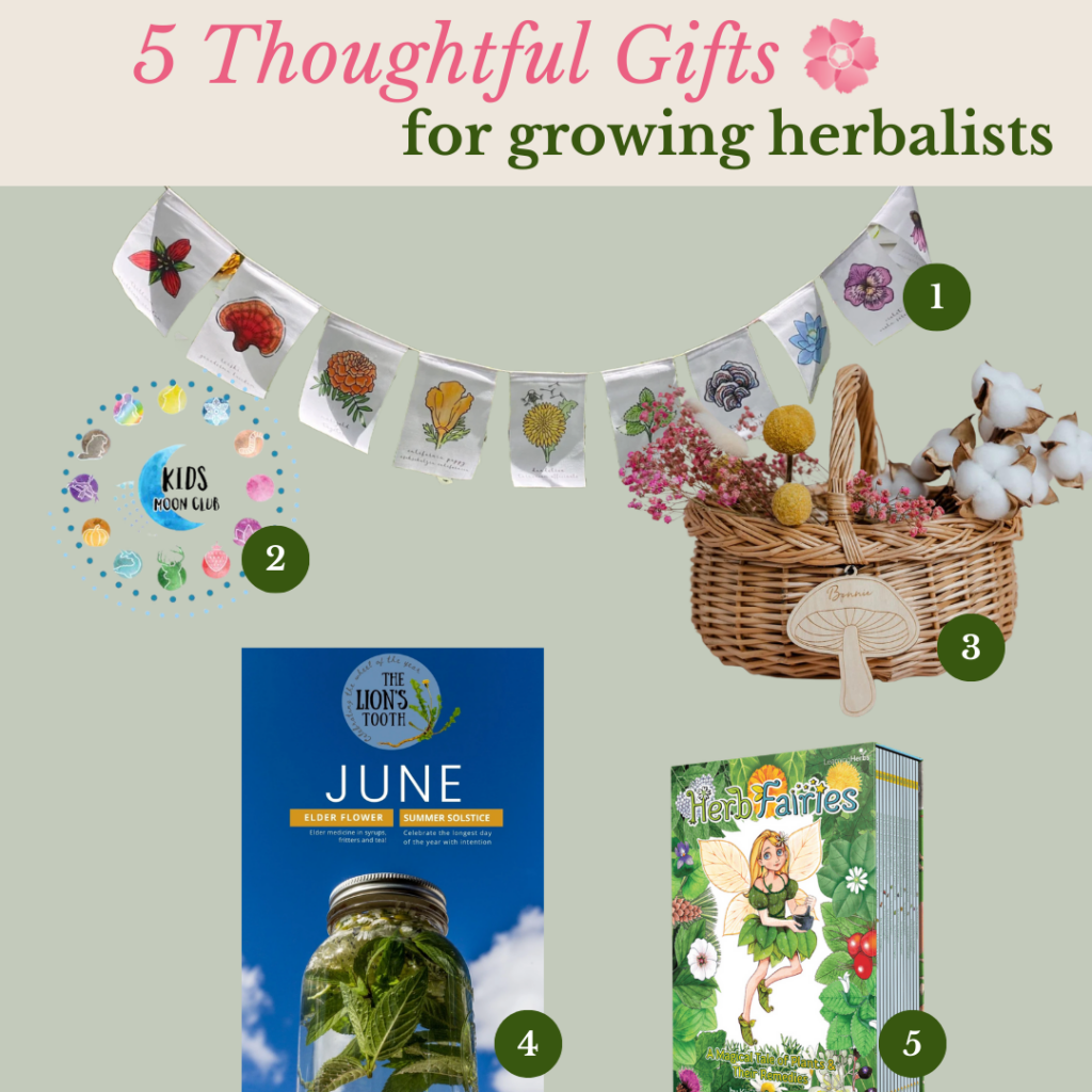 5 Thoughtful Gifts for Growing Herbalists - Gift Guide for Herbalists: featuring an array of herbalist gifts like gardening tools, herbal books, mushroom cultivation kits, botanical jewelry, and foraging guides, all artistically arranged to represent the essence of herbalism